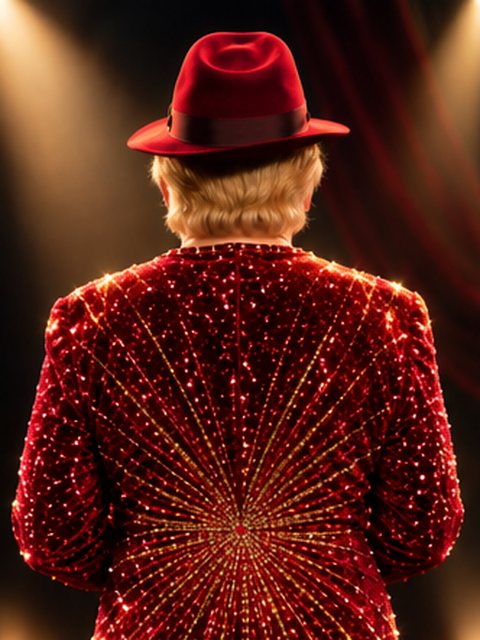 Donald Trump in a red sequined suit and hat, turning from his back to face the camera, holding a fan of cash